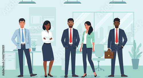 Diverse business team standing together in modern office setting