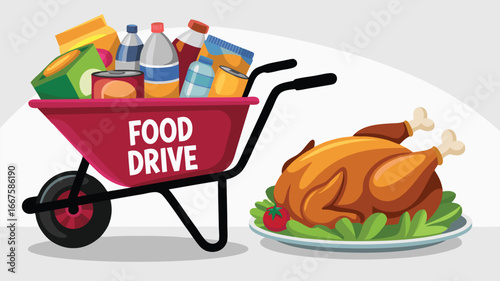 Cartoon Food Drive Wheelbarrow Filled with Groceries Beside Thanksgiving Roasted Turkey Dinner Plate