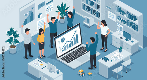 Enthusiastic business team celebrates significant financial growth and successful project achievement, showcasing collaborative triumph in a modern office environment
