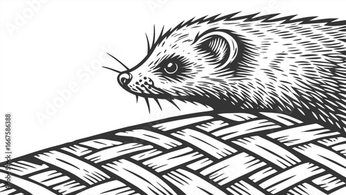Intricate Woodcut Style Hedgehog Illustration, Profile View, Over Woven Basket Texture, Monochrome, Vintage Aesthetic