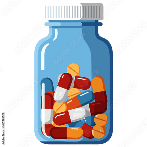 A vibrant illustration depicting a clear glass bottle brimming with an assortment of colorful pills and medication, symbolizing health, treatment, and pharmaceutical care