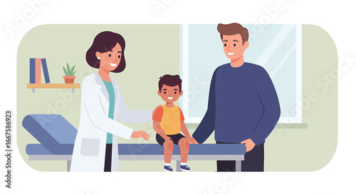 A friendly female pediatrician conducting a medical examination of a young boy with his supportive father in a clinic setting