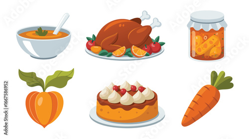 Cartoon Thanksgiving Feast Turkey, Soup, Jam, Cake, Turnip, and Carrot Illustration