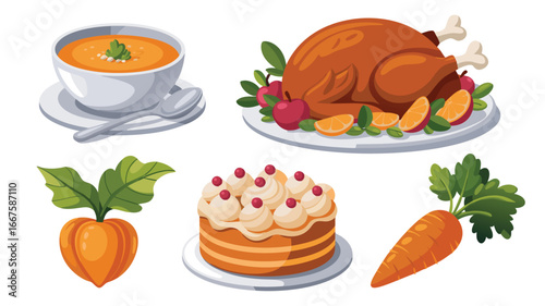 Cartoon Thanksgiving Meal Turkey, Carrot Soup, Layered Cake, Orange Vegetable, Carrot Illustration