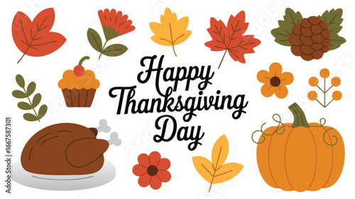 Cartoon Thanksgiving Turkey, Pumpkin, Leaves, and Happy Thanksgiving Day Text Design