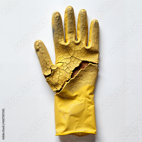 Half-disintegrated yellow hazmat glove on a white background  