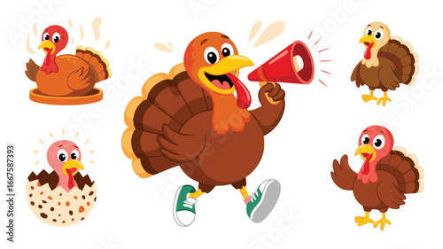 Cartoon Turkey Characters Turkey with Megaphone, Cooked Turkey, Turkey Hatching, Thanksgiving Illustration