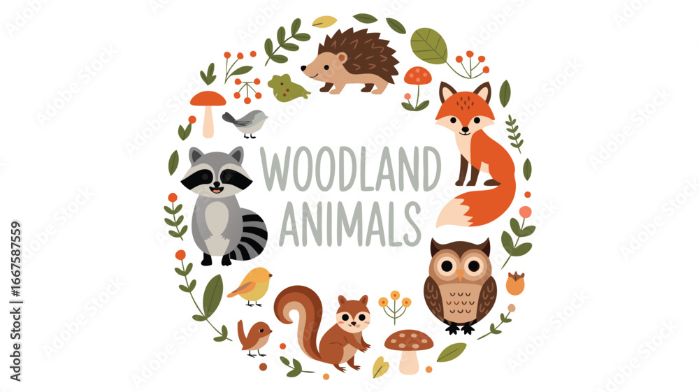 Fototapeta premium Cartoon Woodland Animals Wreath Featuring Fox, Raccoon, Squirrel, Owl, Hedgehog, and Birds on White Background