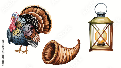 Cartoon Turkey, Cornucopia, and Lantern Clip Art for Thanksgiving Holiday Illustrations
