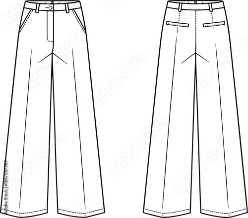Technical flat vector fashion illustration of wide-leg trousers front and back view, detailed garment design with welt pockets for apparel pattern making reference
