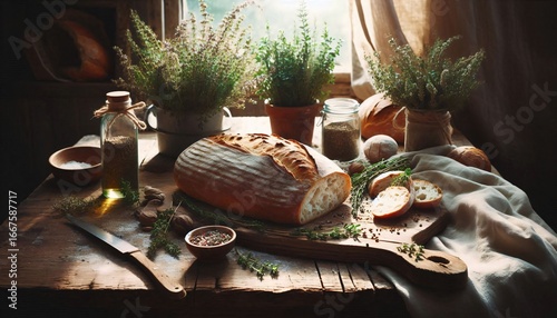 Freshly Baked Bread on a Rustic Wooden Table