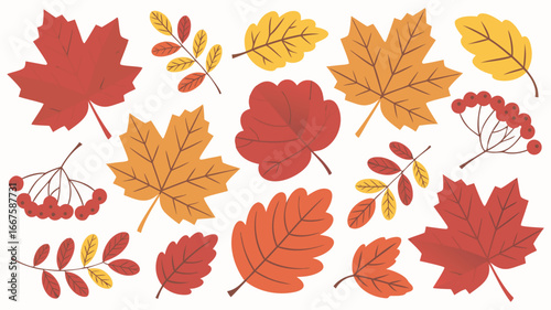 Colorful Autumn Leaves and Berries Illustration Red, Orange, and Yellow Fall Foliage Design