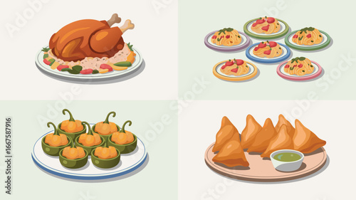 Colorful Compilation of Delicious Food Roast Chicken, Pasta Dishes, Pumpkin Soups, and Samosas