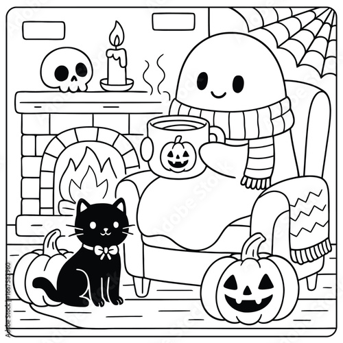 A whimsical cartoon ghost with a black and white cat, surrounded by a festive Halloween atmosphere
