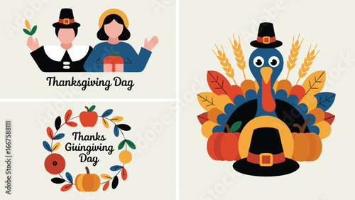 Colorful Thanksgiving Day Graphics Pilgrims, Turkey with Hat, Pumpkin Wreath Illustration