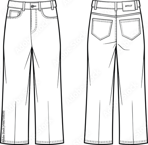 Technical vector illustration of straight‑leg pants front and back views with belt loops, pockets, waistband label, and detailed garment construction elements
