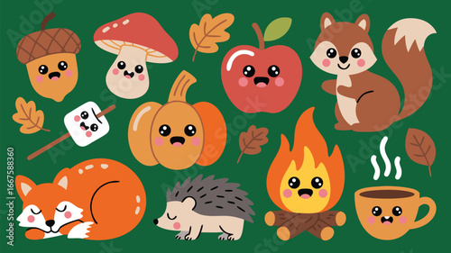 Cute Cartoon Autumn Forest Animals and Food Illustration with Happy Faces on Green Background