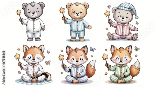 Cute Cartoon Animals Wearing Pajamas with Star Wands and Butterflies on White Background