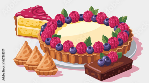 Delicious Dessert Illustration Fruit Tart, Cake Slice, Pastries, and Brownie with Berries