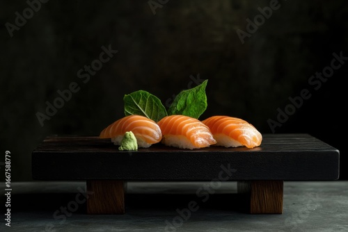 Minimalist sushi display with fresh ingredients, elegant black backdrop, Japanese culinary art, premium food photography with clean design