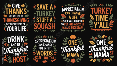 Festive Thanksgiving Sayings Typography Design with Autumn Leaves and Pumpkins on Black Background