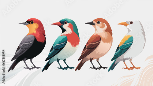 Four Stylized Birds Illustration Featuring Colorful Plumage, Ideal for Design Projects and Wall Art