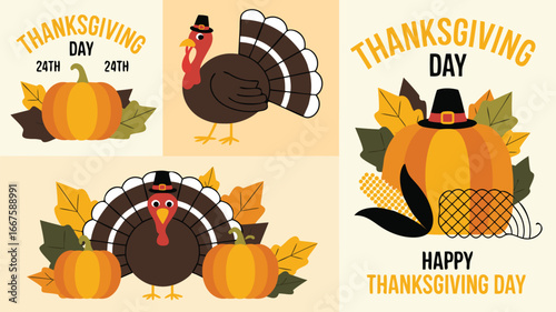 Four Thanksgiving Day Illustrations Turkeys, Pumpkins, Fall Leaves, and Cornucopia for Holiday Greetings