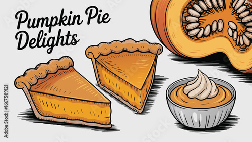 Handdrawn illustration featuring sliced pumpkin pie, a whole pumpkin slice, and a small bowl of custard