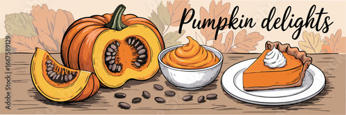 HandDrawn Pumpkin Pie Slice, Pumpkin Dip, Half Pumpkins, and Seeds Against Autumnal Leaves