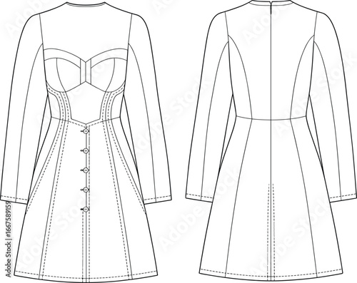 Vector fashion flat sketch of long sleeve bustier dress front and back views with sweetheart neckline, buttoned A‑line skirt, and seams