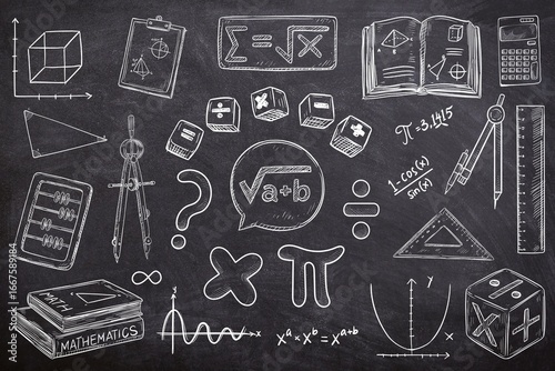 Math element seamless set on black background. Sketch of back to school on chalk board. Line art of mathematic on black board