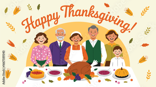 Happy Thanksgiving Cartoon Family Gathering around Dinner Table with Turkey, Pumpkin Pie, and Festive Decor