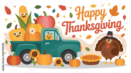 Happy Thanksgiving Cartoon Truck Loaded with Pumpkins, Corn, Turkey, and Pie Illustration