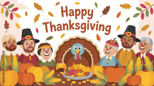 Happy Thanksgiving Cartoon with Pilgrims, Native American, Turkey, Pumpkins, and Corn Illustration