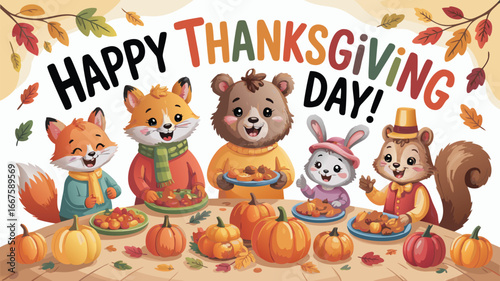 Happy Thanksgiving Day Cartoon Animals Celebrating with Pumpkins and Festive Food Illustration