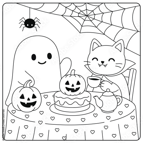 Funny vector cartoon cat and kitten with a pumpkin on white and black backgrounds for a Halloween coloring book illustration