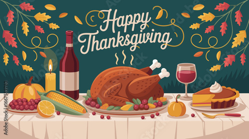 Happy Thanksgiving Dinner Illustration Turkey, Wine, Pie, and Autumn Leaves Festive Feast Decoration