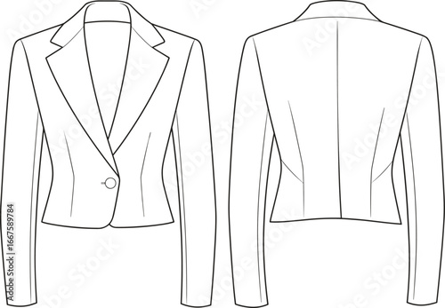 Women’s tailored blazer fashion vector illustration with front and back views, notched lapel, single button closure, and detailed sewing pattern design