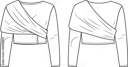 Women's asymmetrical draped top vector illustration, long sleeves, cropped hem, diagonal wrap design, layered fabric, technical flat garment fashion construction