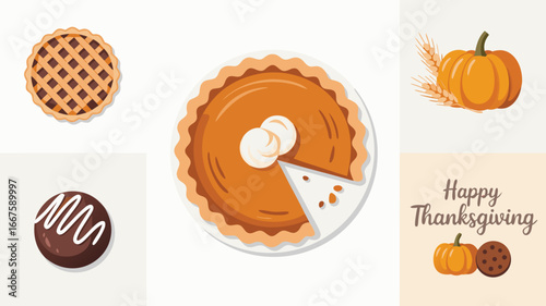 Happy Thanksgiving Illustration Pumpkin, Apple, and Pumpkin Pie with a Cookie, plus Text