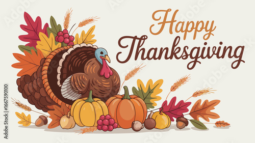 Happy Thanksgiving Illustration with Cartoon Turkey, Pumpkins, Autumn Leaves and Festive Decorations