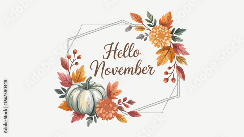Hello November Illustration Featuring Pumpkin, Mums, and Fall Leaves with Geometric Frame Design