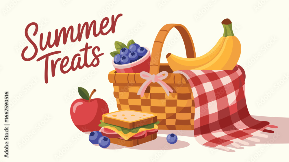 Naklejka premium Illustrated Summer Treats Wicker Basket with Banana, Apple, Sandwich, and Blueberries Picnic Food