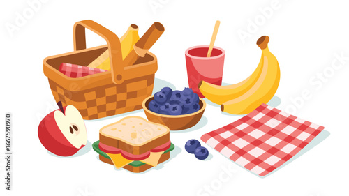 Picnic Basket with Sandwiches, Fruit, and Checkered Blanket for Outdoor Dining Illustration