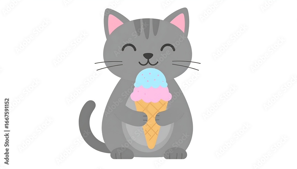 Obraz premium Cute Gray Cat Enjoying Ice Cream Cone