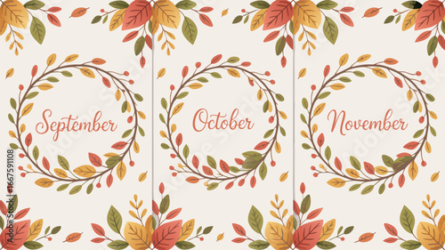 September, October, and November Autumn Leaves Wreaths with Month Names, Seasonal Design