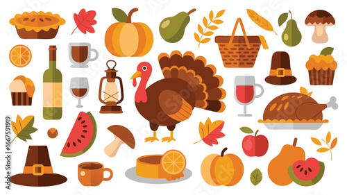 Thanksgiving Holiday Feast Cartoon Turkey, Pumpkins, Pie, Wine, Autumn Leaves and Food Design