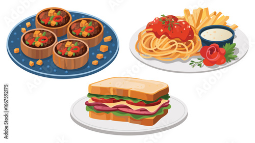 Three Plates of Delicious Meals Stew, Spaghetti with Fries, and a Sandwich
