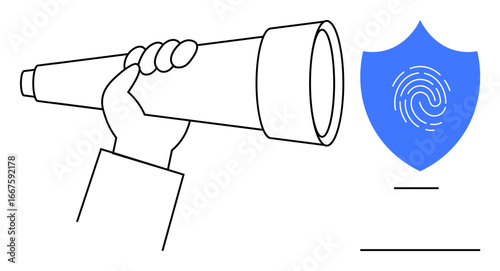 Hand gripping telescope for exploration alongside a fingerprint-secured blue shield symbolizing data protection. Ideal for investigation, privacy, security, technology, innovation, strategy