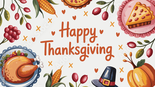 Watercolor Happy Thanksgiving Illustration with Turkey, Pumpkin Pie, Berries, Corn, and Pilgrim Hat